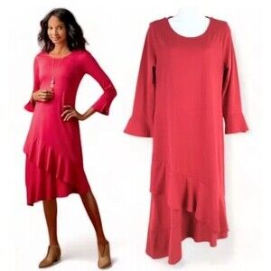 Soft Surroundings Lucia Dress Plus 1X Red Womens Asymmetrical Ruffle Tiered Hem